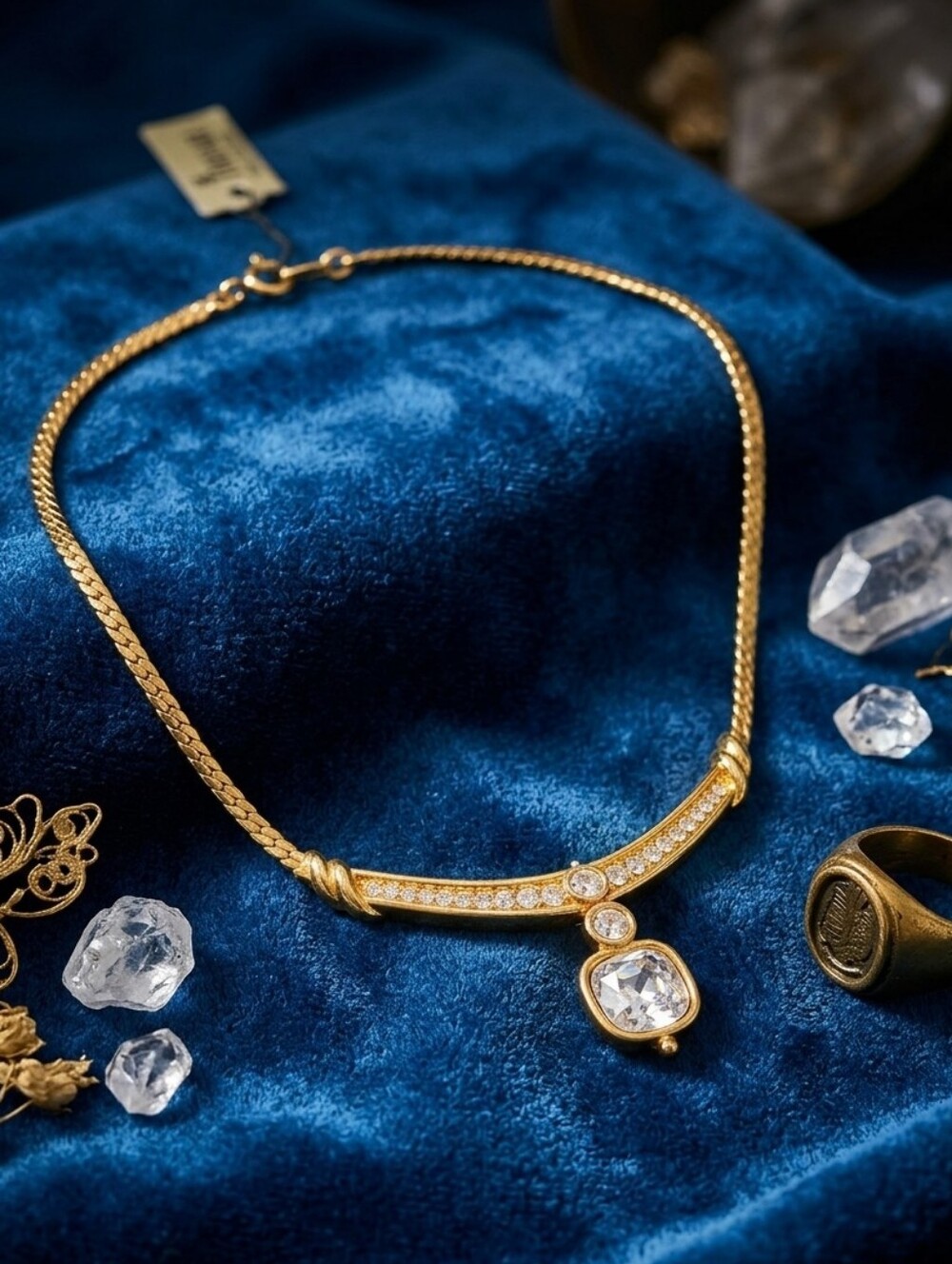Vintage Trifari New With Tags Austrian Crystal Gold Tone Necklace